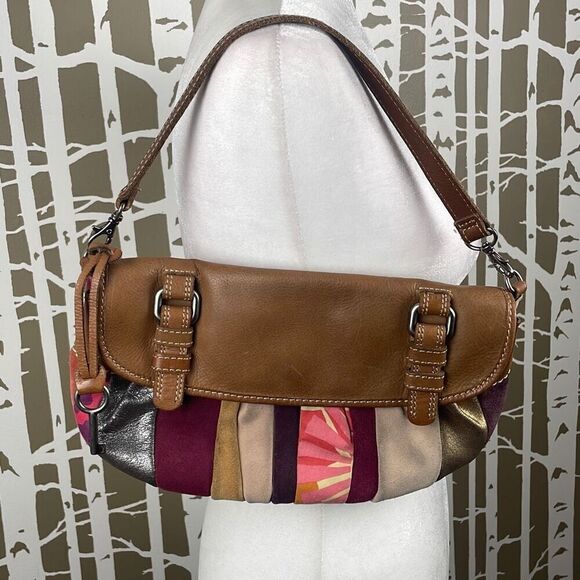Fossil Patchwork Leather Suede Fabric Hobo Shoulder Bag Clutch - Picture 5 of 11